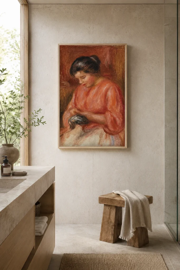 Framed print of Girl Darning hanging on a wall in a furnished room