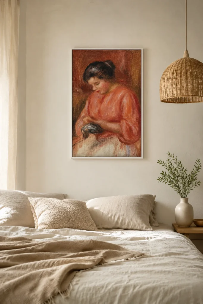 Framed print of Girl Darning hanging on a wall in a furnished room