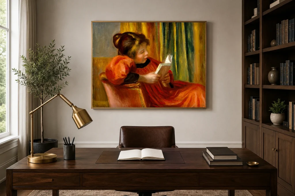 Framed print of Girl Reading hanging on a wall in a furnished room