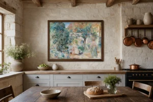 Framed print of In the Garden in Brittany hanging on a wall in a furnished room