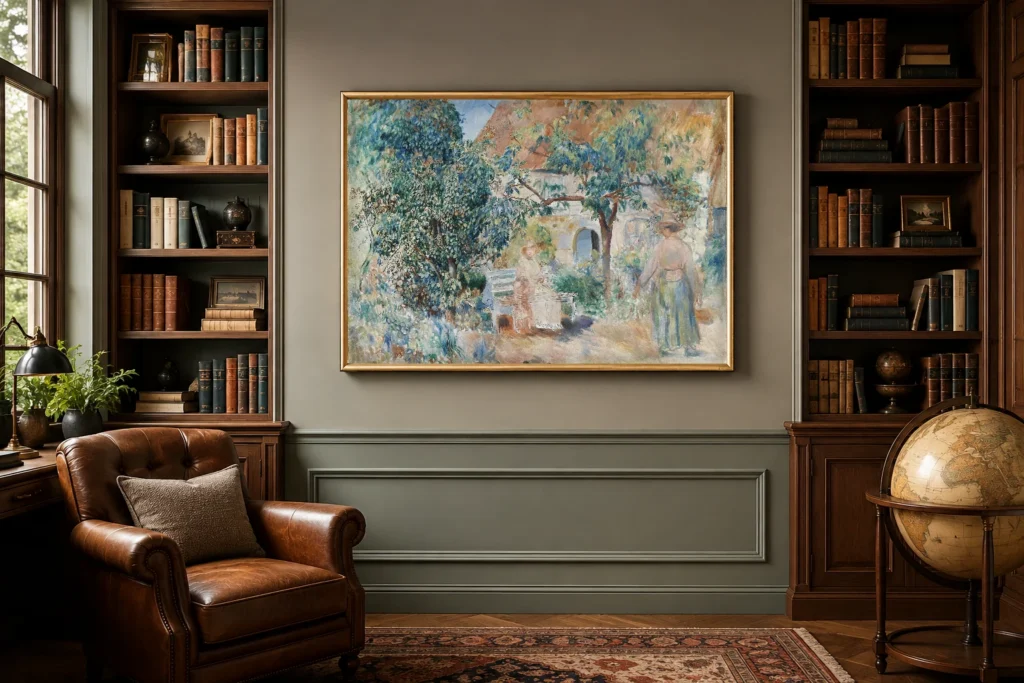 Framed print of In the Garden in Brittany hanging on a wall in a furnished room