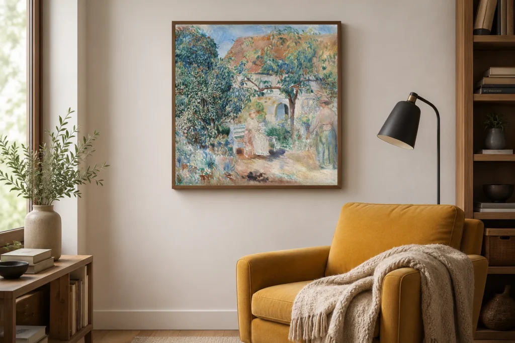 Framed print of In the Garden in Brittany hanging on a wall in a furnished room