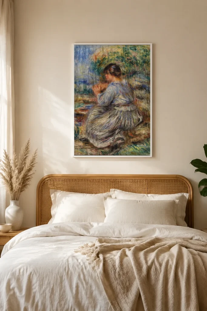 Framed print of Girl Seated in a Landscape (Jeune fille assise dans un jardin) hanging on a wall in a furnished room