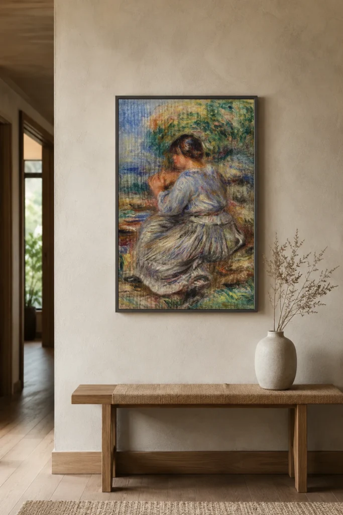 Framed print of Girl Seated in a Landscape (Jeune fille assise dans un jardin) hanging on a wall in a furnished room
