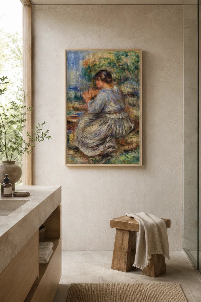 Framed print of Girl Seated in a Landscape (Jeune fille assise dans un jardin) hanging on a wall in a furnished room