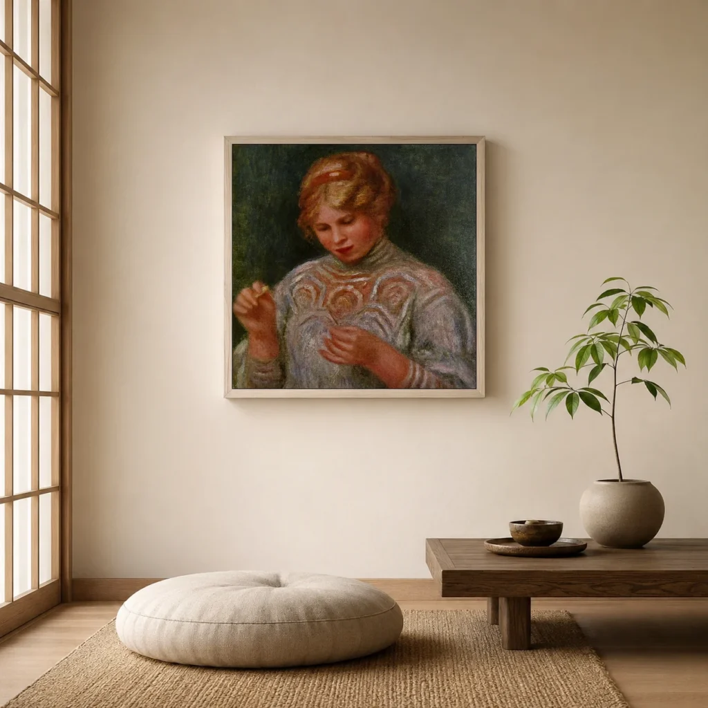 Framed print of Girl Tatting hanging on a wall in a furnished room