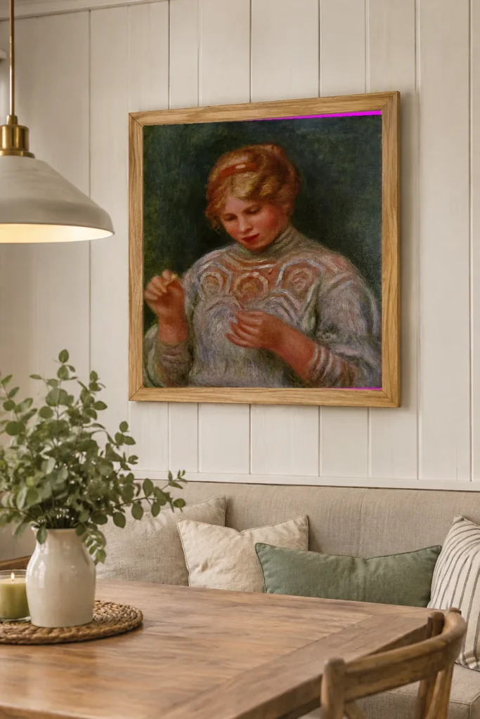 Framed print of Girl Tatting hanging on a wall in a furnished room