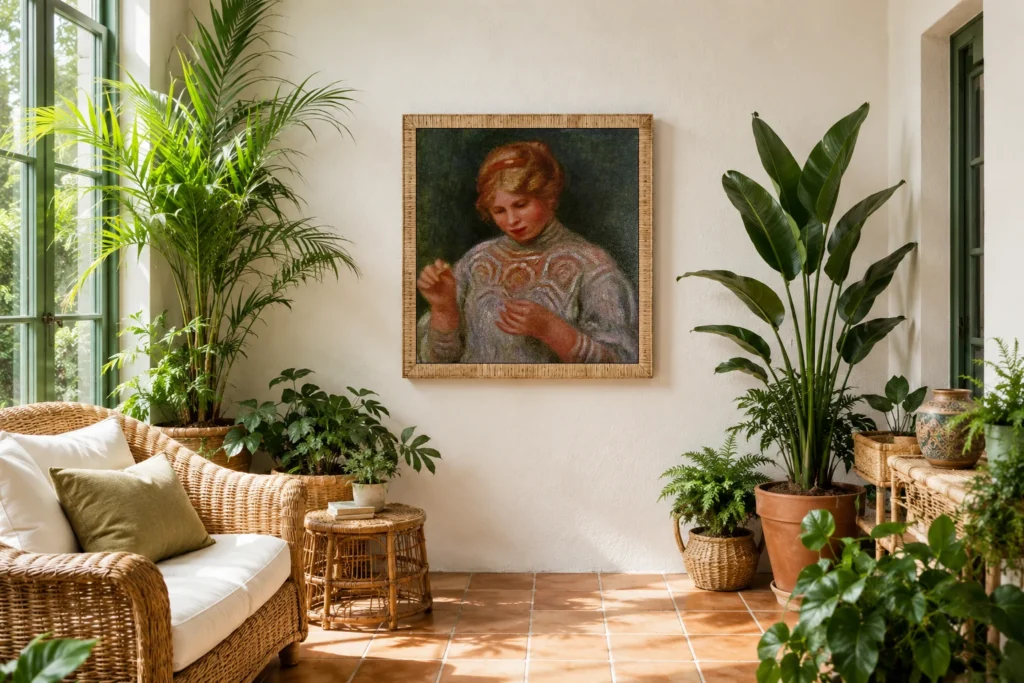 Framed print of Girl Tatting hanging on a wall in a furnished room