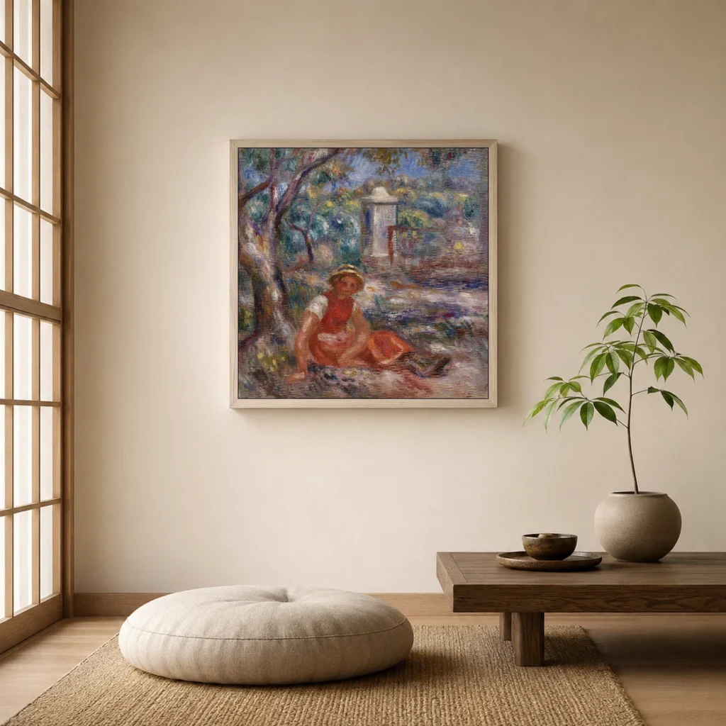 Framed print of Girl at the Foot of a Tree (Fillette au pied d’un arbre) hanging on a wall in a furnished room