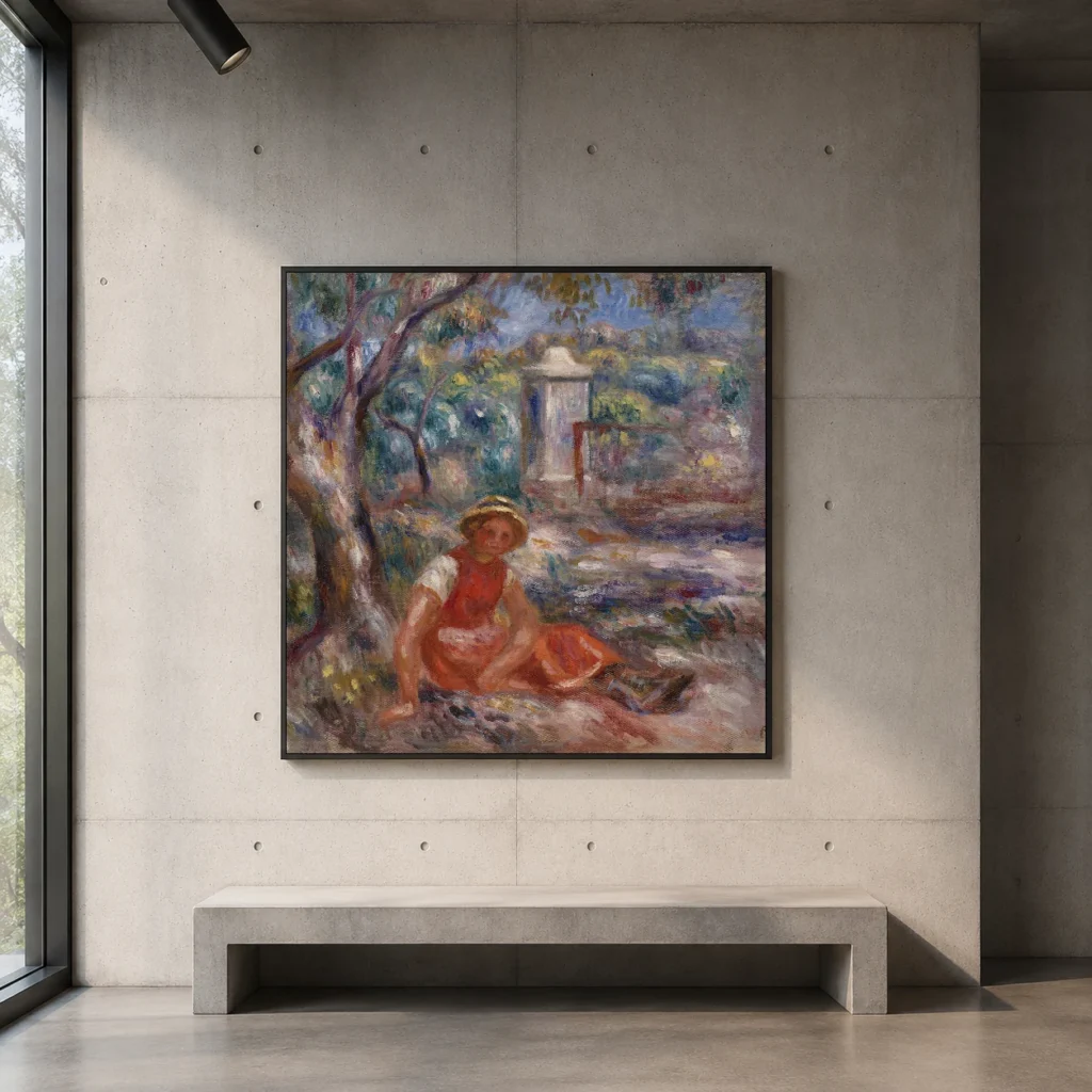 Framed print of Girl at the Foot of a Tree (Fillette au pied d’un arbre) hanging on a wall in a furnished room