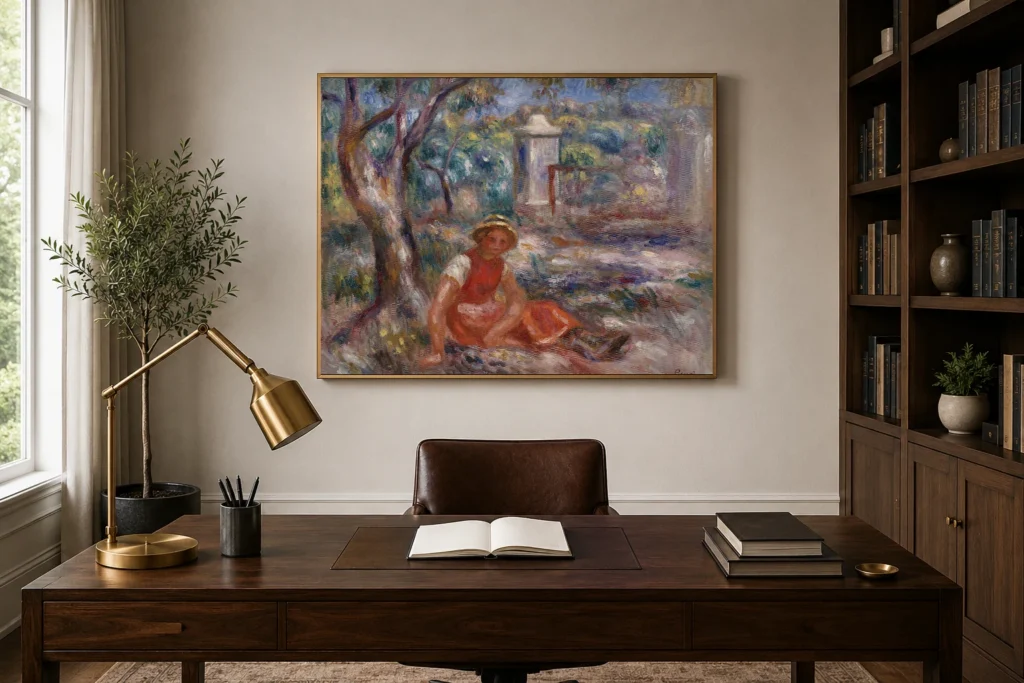 Framed print of Girl at the Foot of a Tree (Fillette au pied d’un arbre) hanging on a wall in a furnished room