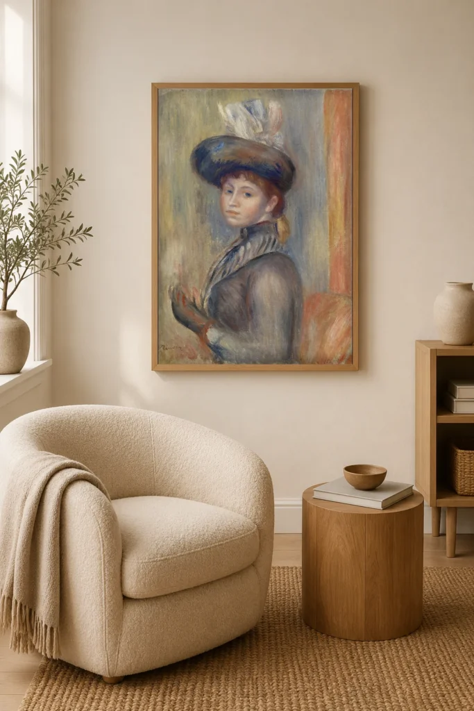 Framed print of Girl in Gray-Blue hanging on a wall in a furnished room