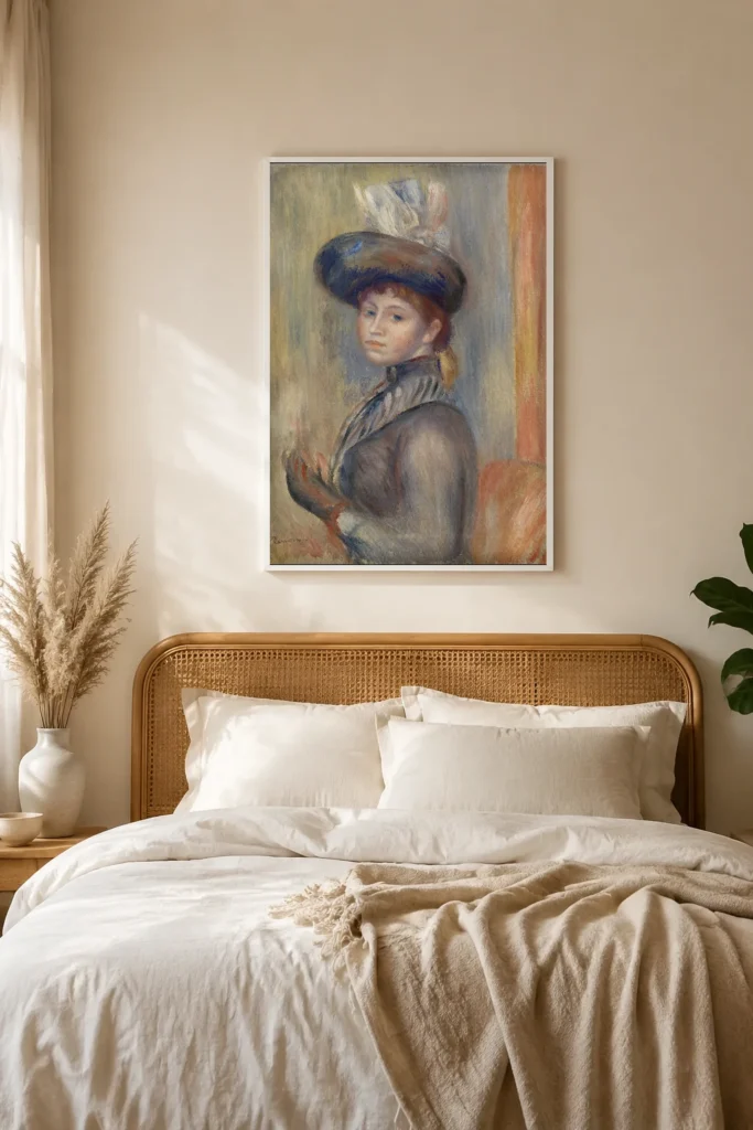 Framed print of Girl in Gray-Blue hanging on a wall in a furnished room