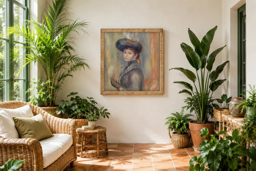 Framed print of Girl in Gray-Blue hanging on a wall in a furnished room