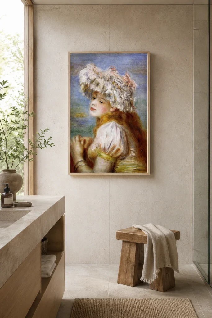 Framed print of Girl in a Lace Hat hanging on a wall in a furnished room