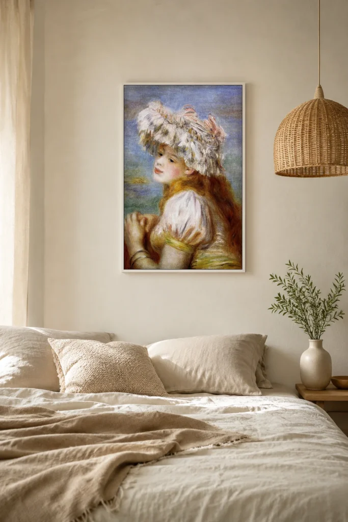 Framed print of Girl in a Lace Hat hanging on a wall in a furnished room