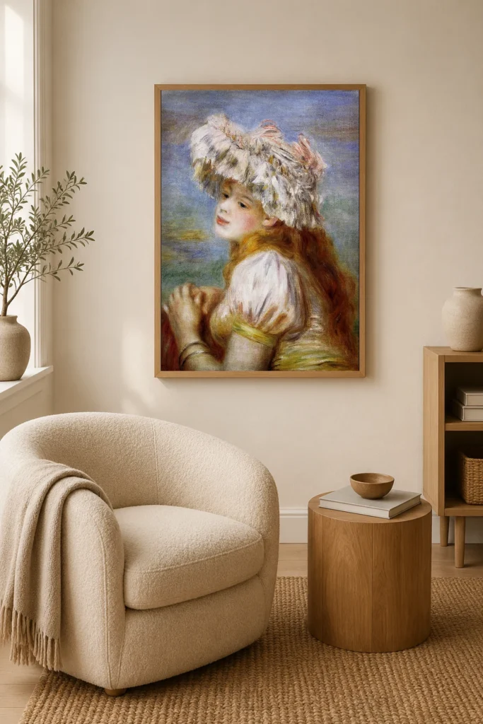 Framed print of Girl in a Lace Hat hanging on a wall in a furnished room
