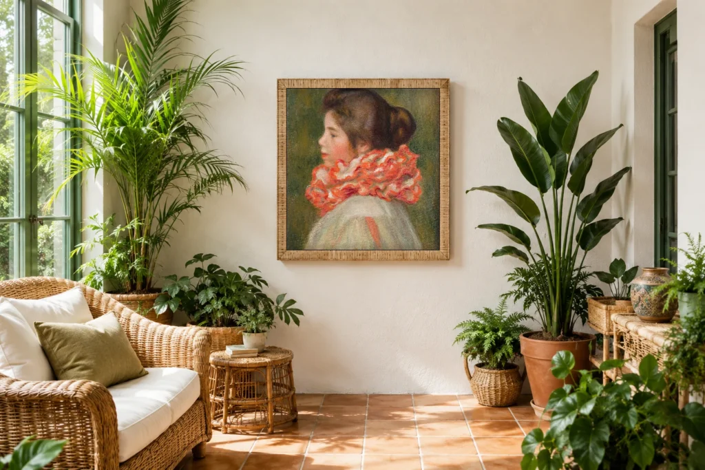 Framed print of Girl in a Red Ruff hanging on a wall in a furnished room