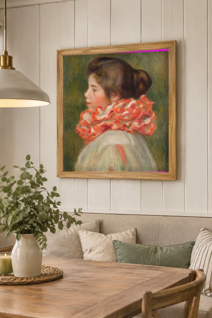 Framed print of Girl in a Red Ruff hanging on a wall in a furnished room