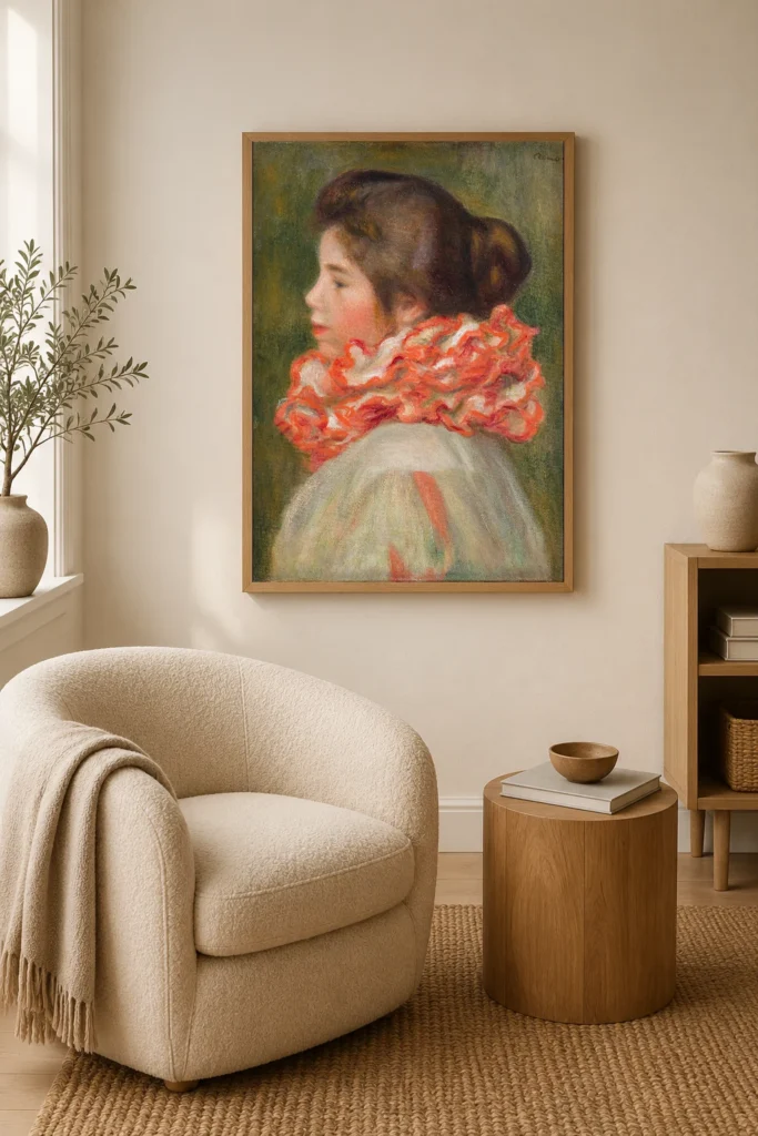 Framed print of Girl in a Red Ruff hanging on a wall in a furnished room