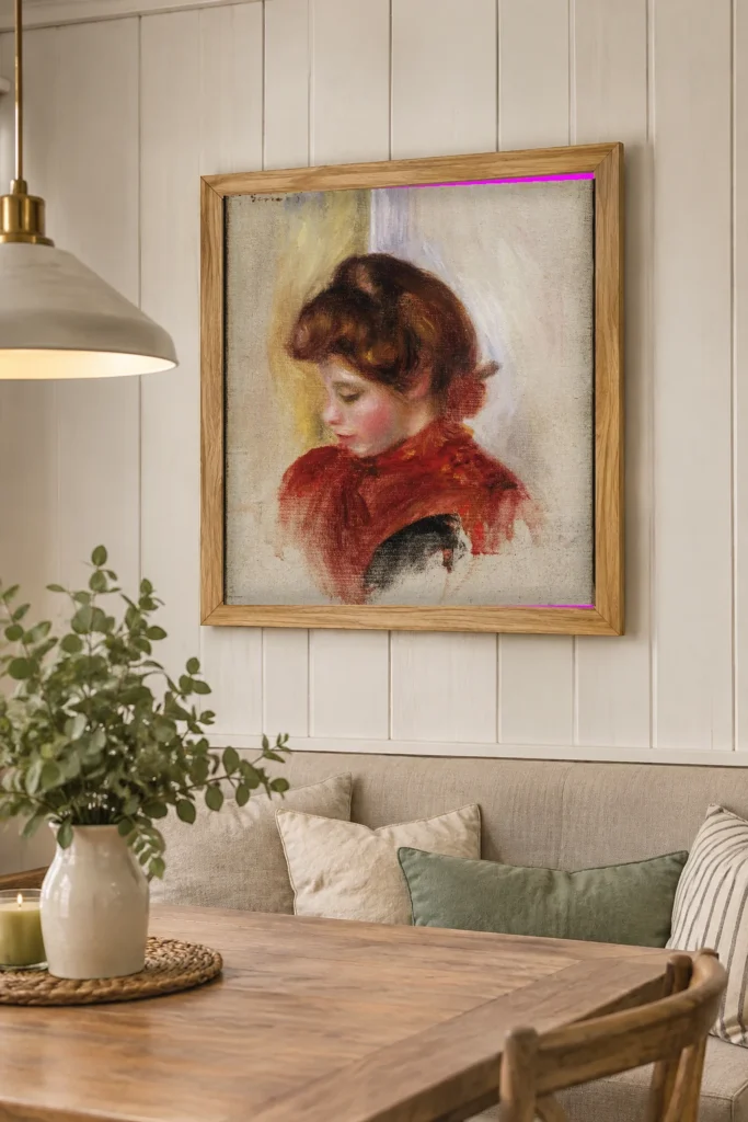 Framed print of Girl in a Red Scarf hanging on a wall in a furnished room
