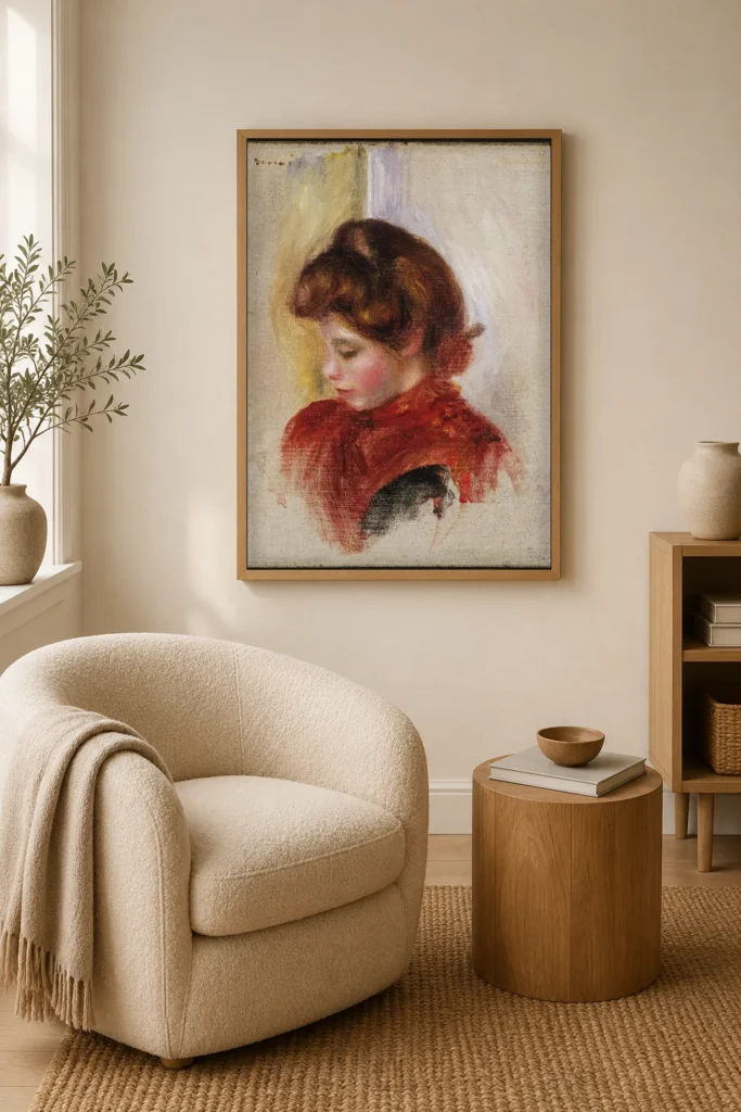Framed print of Girl in a Red Scarf hanging on a wall in a furnished room