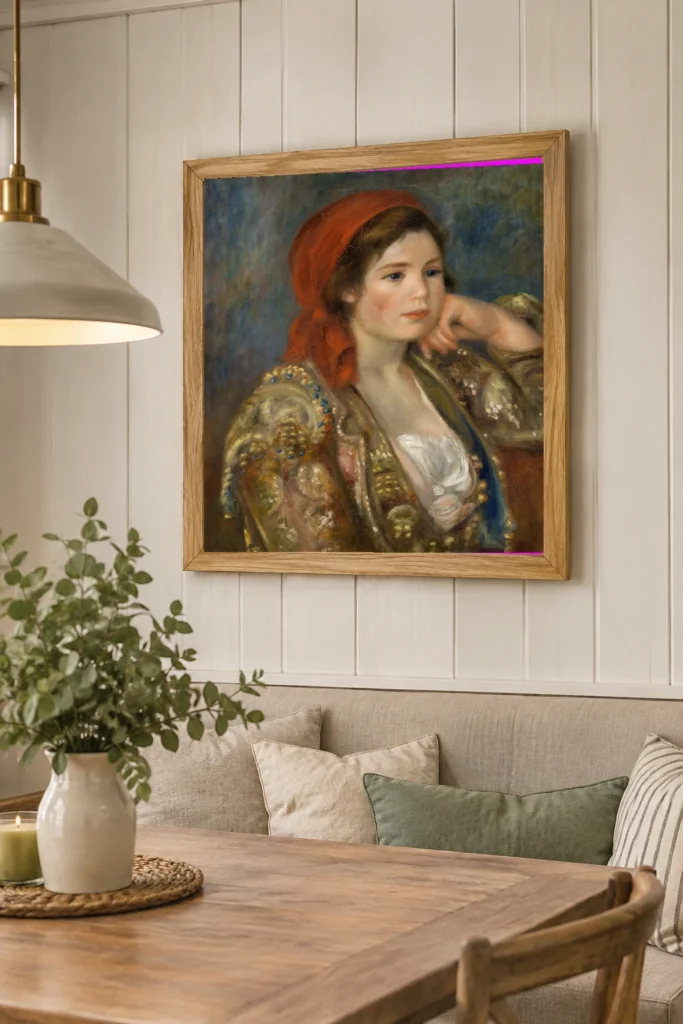 Framed print of Girl in a Spanish Jacket hanging on a wall in a furnished room