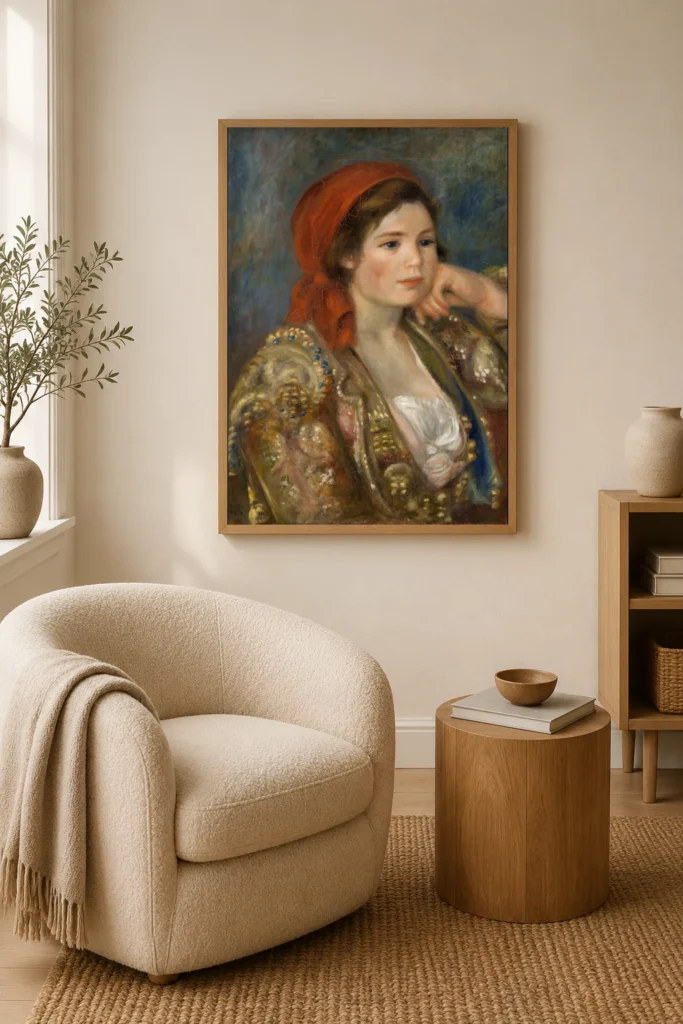 Framed print of Girl in a Spanish Jacket hanging on a wall in a furnished room