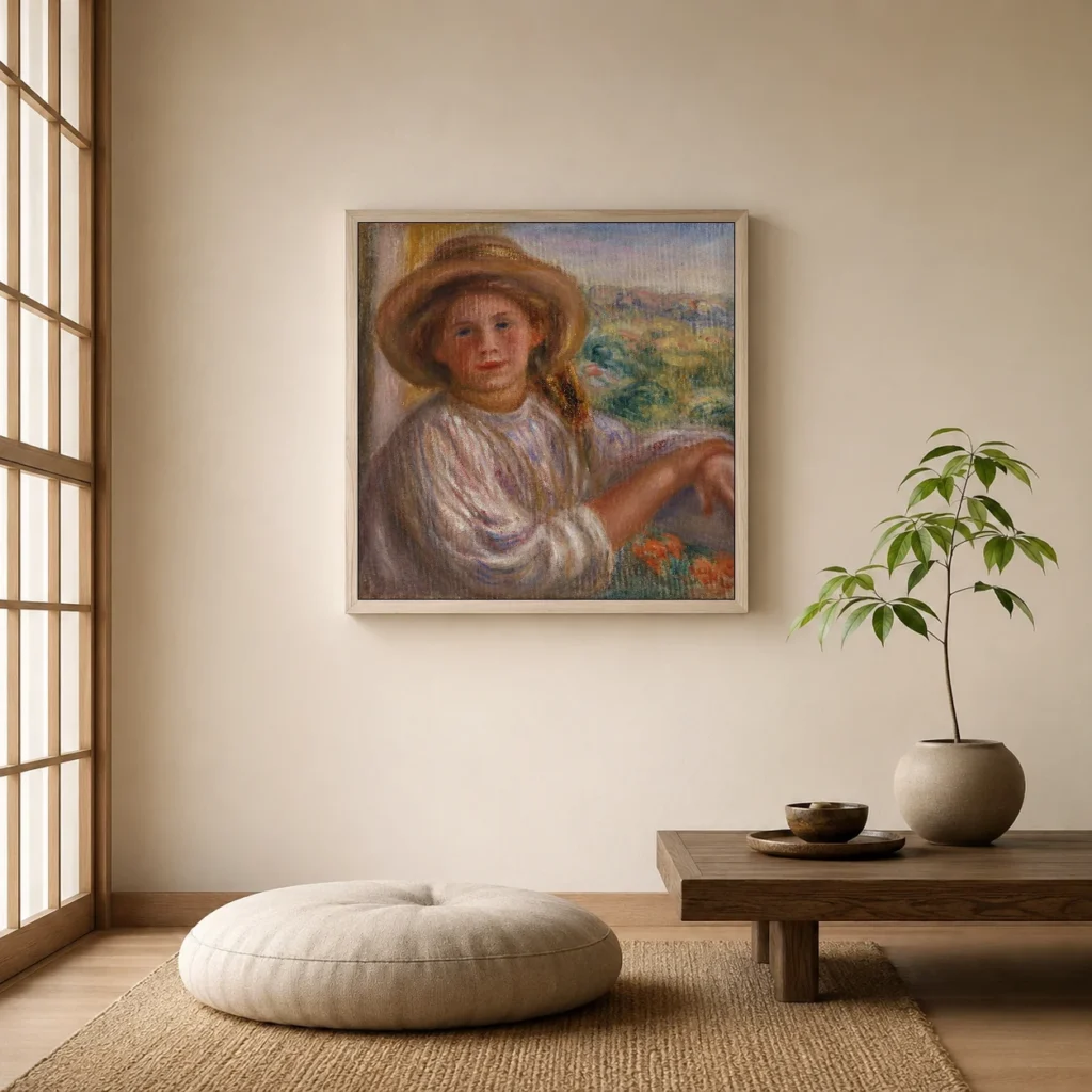 Framed print of Girl on a Balcony, Cagnes (Jeune femme au balcon, Cagnes) hanging on a wall in a furnished room