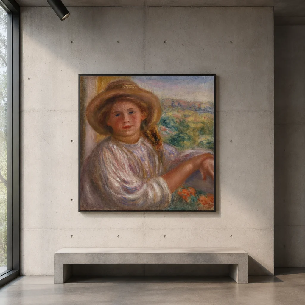 Framed print of Girl on a Balcony, Cagnes (Jeune femme au balcon, Cagnes) hanging on a wall in a furnished room