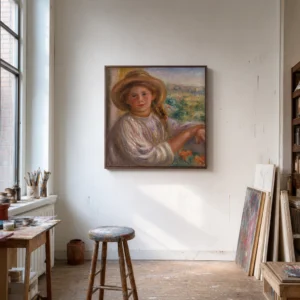 Framed print of Girl on a Balcony, Cagnes (Jeune femme au balcon, Cagnes) hanging on a wall in a furnished room
