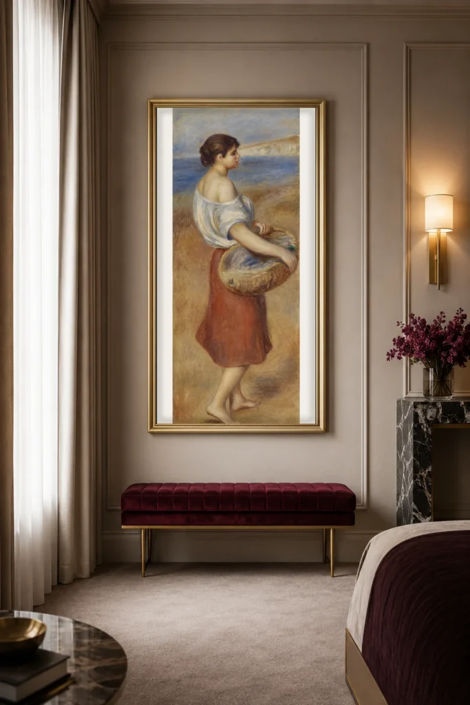Framed print of Girl with Basket of Fish (Pêcheuse de poissons) hanging on a wall in a furnished room