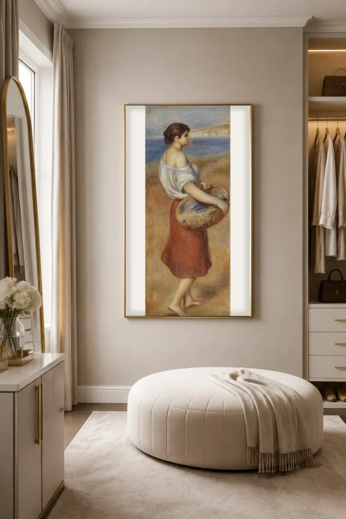 Framed print of Girl with Basket of Fish (Pêcheuse de poissons) hanging on a wall in a furnished room