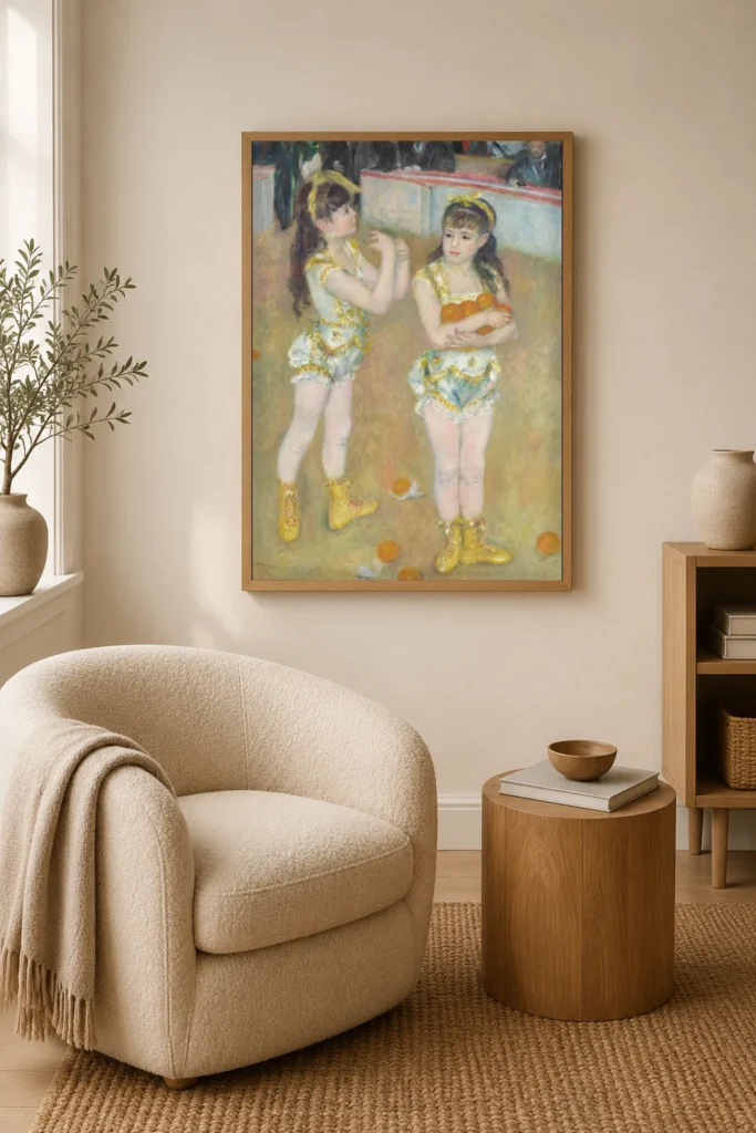 Framed print of Acrobats at the Cirque Fernando (Francisca and Angelina Wartenberg) hanging on a wall in a furnished room