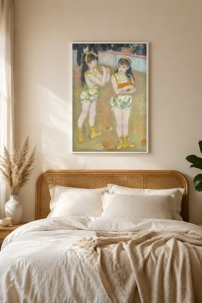 Framed print of Acrobats at the Cirque Fernando (Francisca and Angelina Wartenberg) hanging on a wall in a furnished room