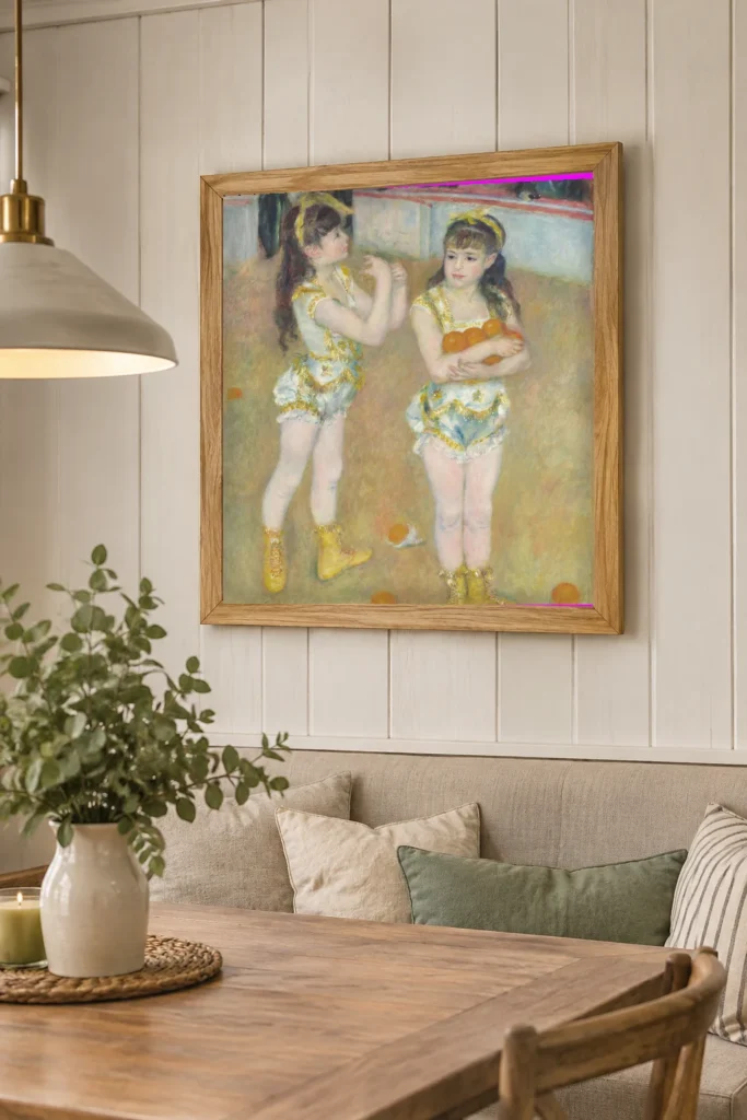 Framed print of Acrobats at the Cirque Fernando (Francisca and Angelina Wartenberg) hanging on a wall in a furnished room