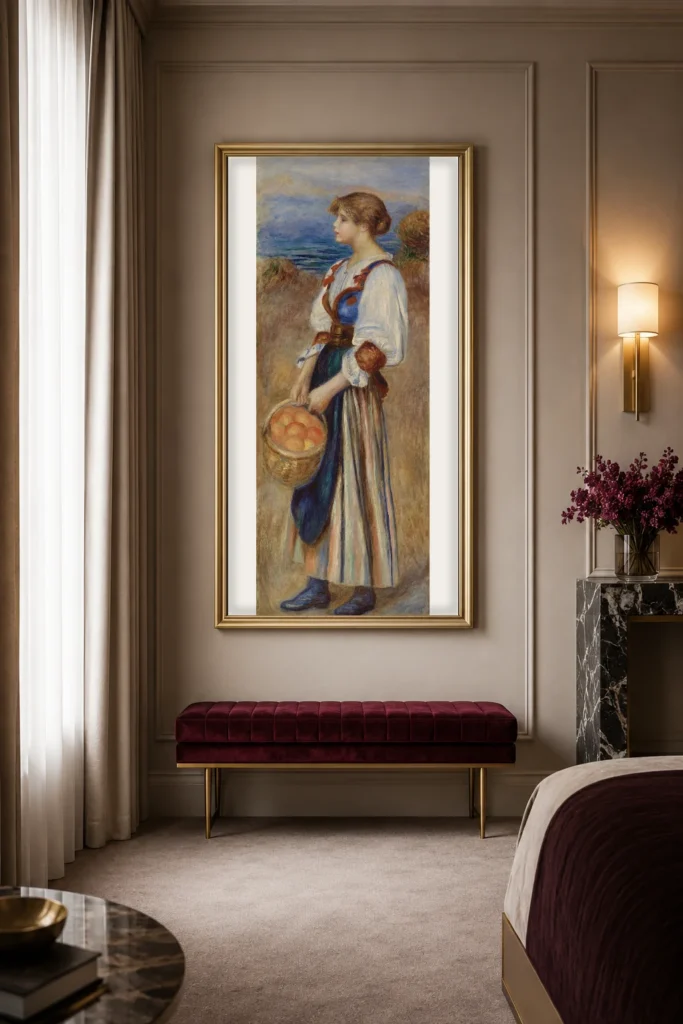 Framed print of Girl with Basket of Oranges (Marchande d’oranges) hanging on a wall in a furnished room