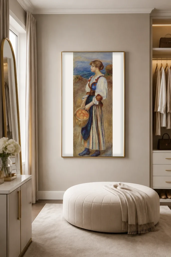 Framed print of Girl with Basket of Oranges (Marchande d’oranges) hanging on a wall in a furnished room