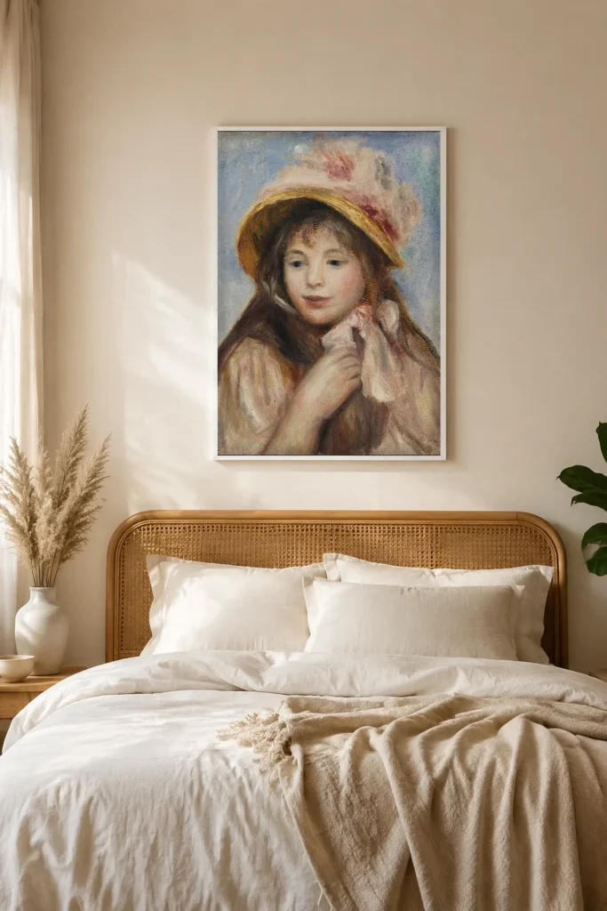 Framed print of Girl with Pink Bonnet (Jeune fille au chapeau rose) hanging on a wall in a furnished room