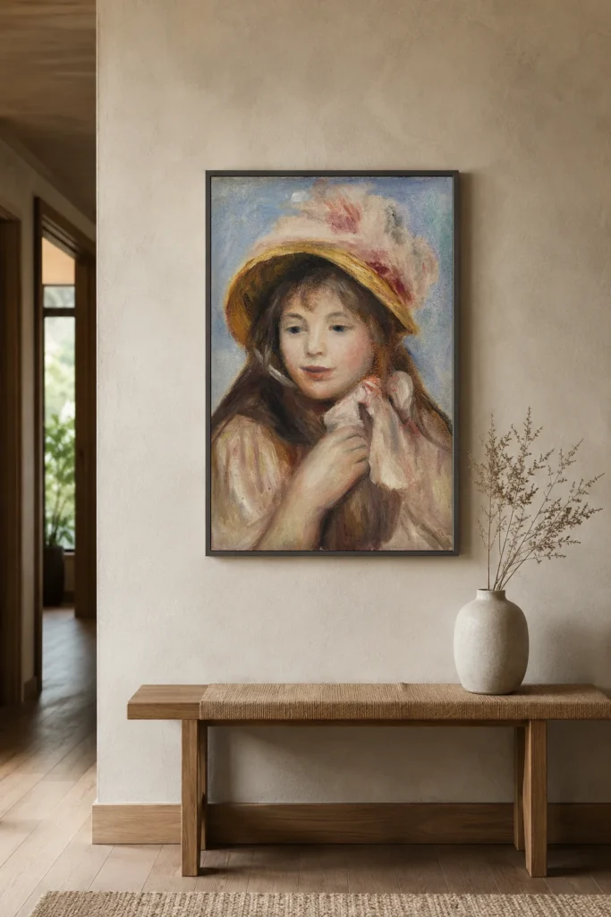 Framed print of Girl with Pink Bonnet (Jeune fille au chapeau rose) hanging on a wall in a furnished room