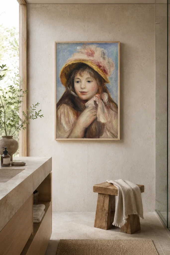 Framed print of Girl with Pink Bonnet (Jeune fille au chapeau rose) hanging on a wall in a furnished room