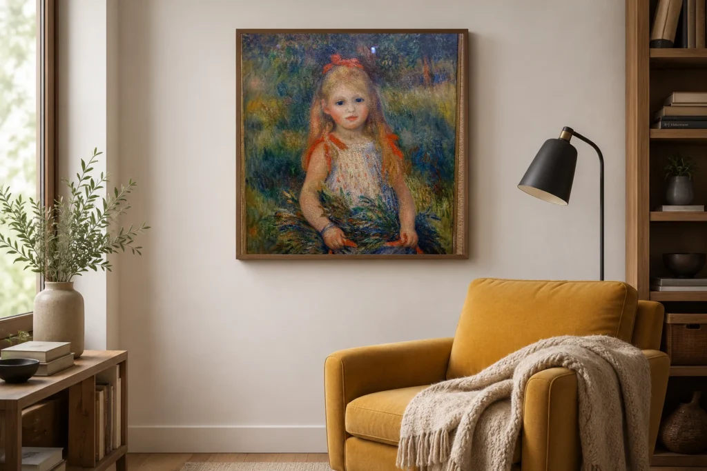 Framed print of Girl with Spikes – Girl with Flowers hanging on a wall in a furnished room