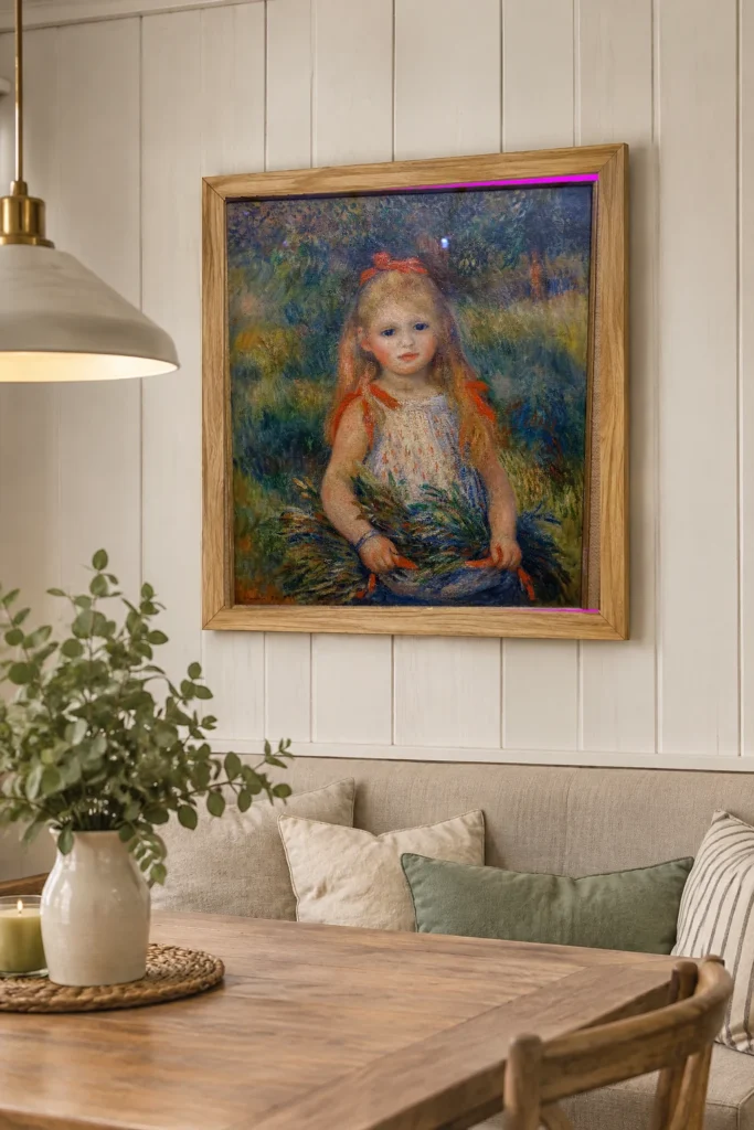 Framed print of Girl with Spikes – Girl with Flowers hanging on a wall in a furnished room