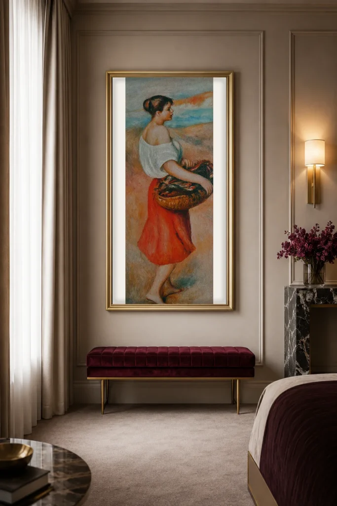 Framed print of Girl with a Basket of Fish hanging on a wall in a furnished room