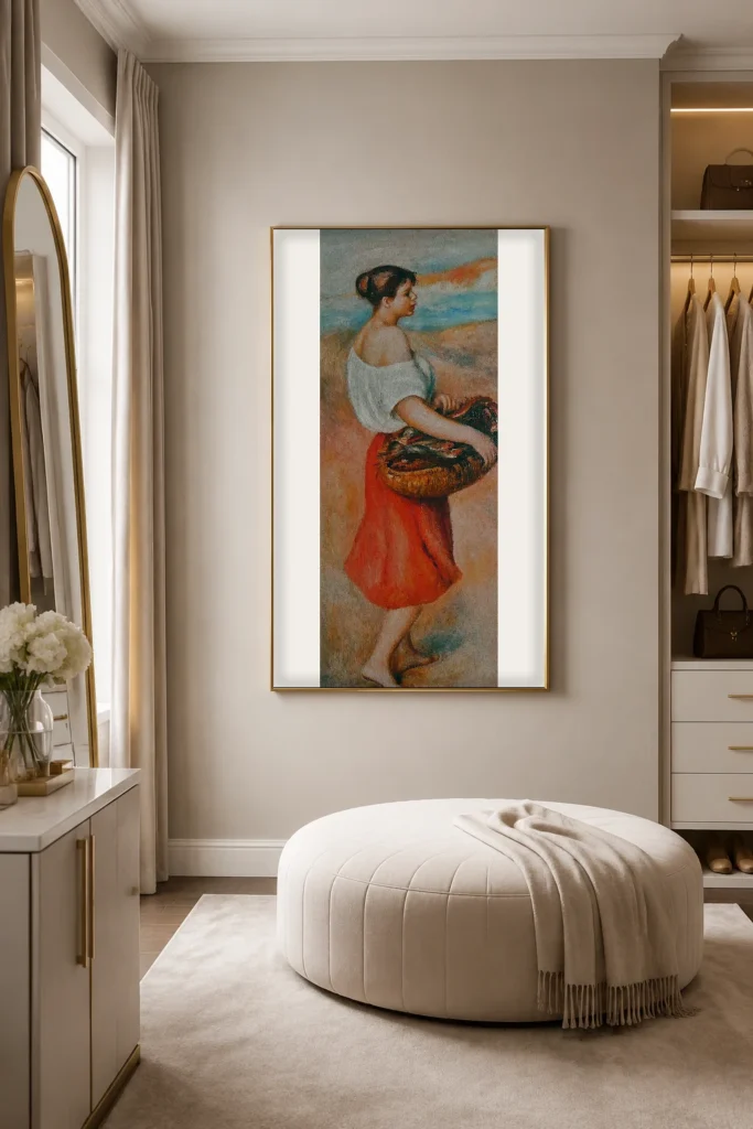 Framed print of Girl with a Basket of Fish hanging on a wall in a furnished room