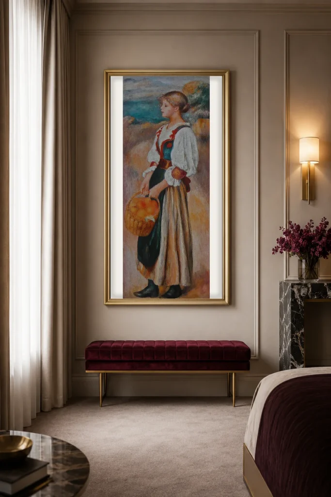 Framed print of Girl with a Basket of Oranges hanging on a wall in a furnished room