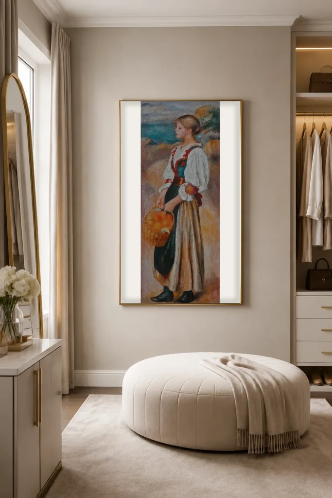 Framed print of Girl with a Basket of Oranges hanging on a wall in a furnished room