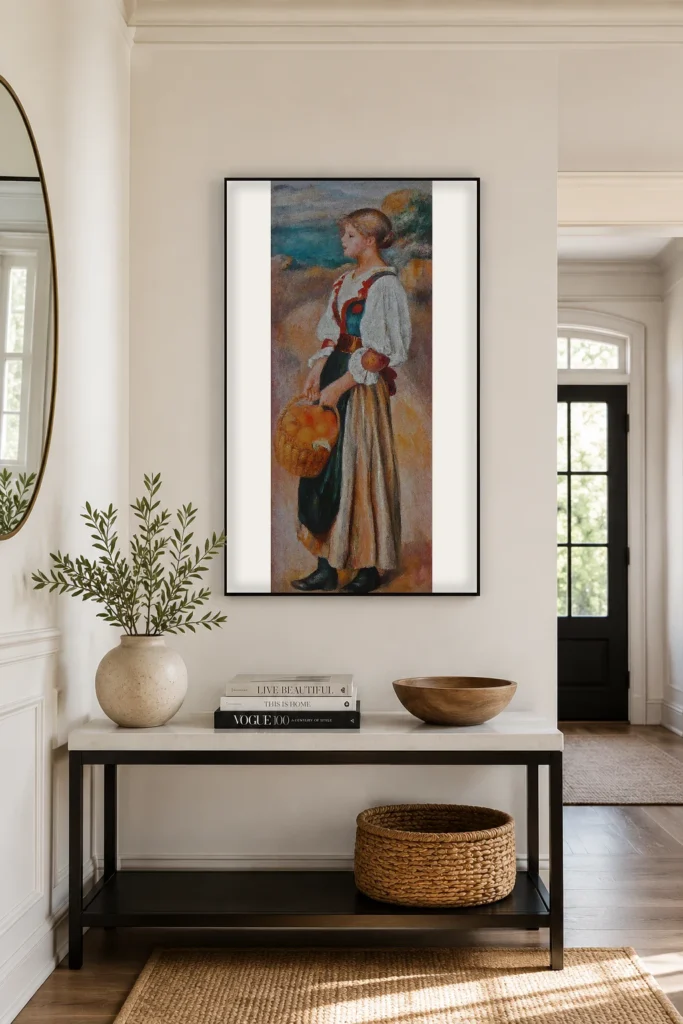 Framed print of Girl with a Basket of Oranges hanging on a wall in a furnished room