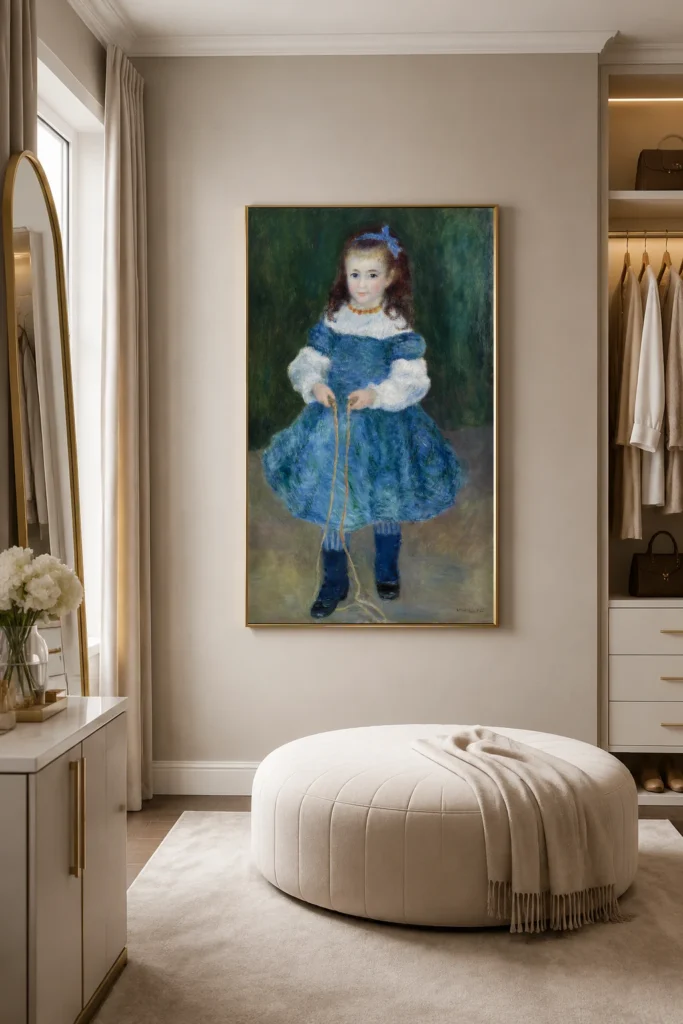 Framed print of Girl with a Jump Rope (Portrait of Delphine Legrand) hanging on a wall in a furnished room