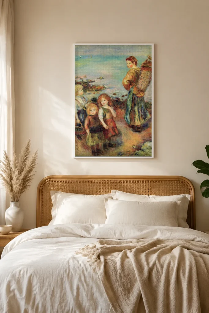 Framed print of Girls Fishing for Mussels hanging on a wall in a furnished room